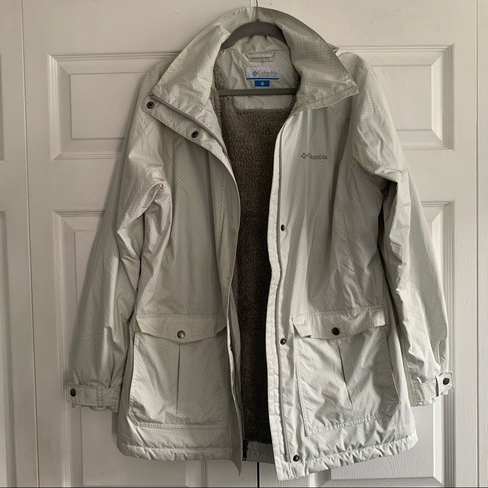Columbia white polka dot raincoat
